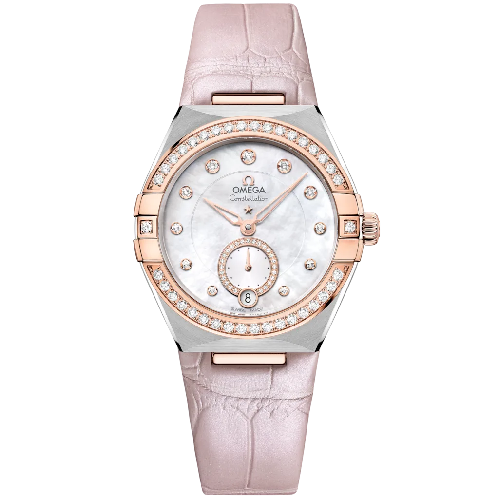 Omega Constellation 34 mm, aço - ouro Sedna™ em bracelete de pele